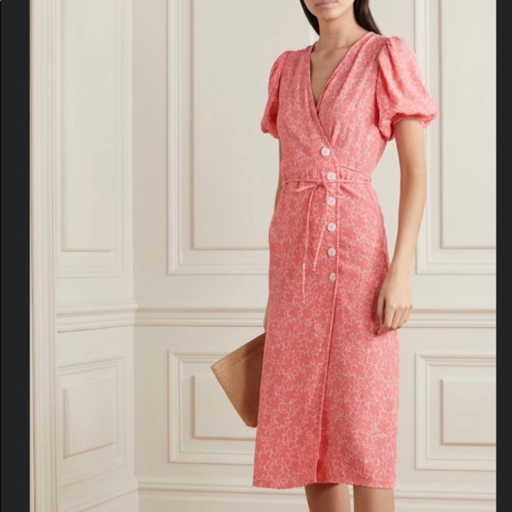 Faithfull the Brand Coral and White Floral Crepe Midi Wrap Dress